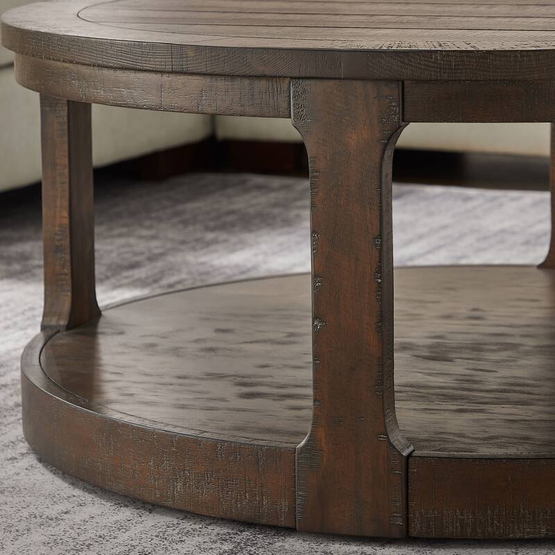 40" Large Curved 2 Tier Traditional Round Circle Wooden Center Coffee Table with Wheels