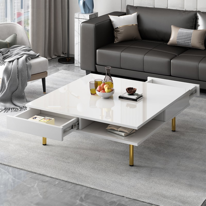 2-Tier Square Coffee Table with 2 Drawers, 4 Golden Legs, High Gloss Coffee Table Center Table w/ Storage for Living Room - White