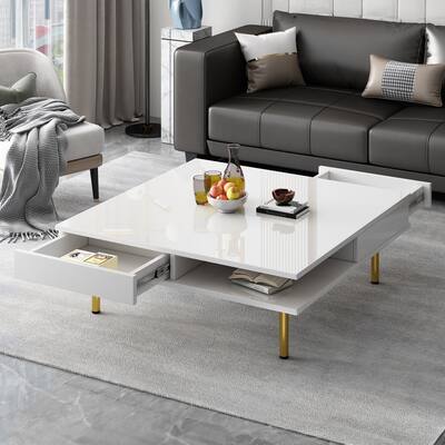 Stylish High Gloss Coffee Table 2 Tier Square Center Table with 4 Gold Legs and 2 Small Drawers, for Living Room
