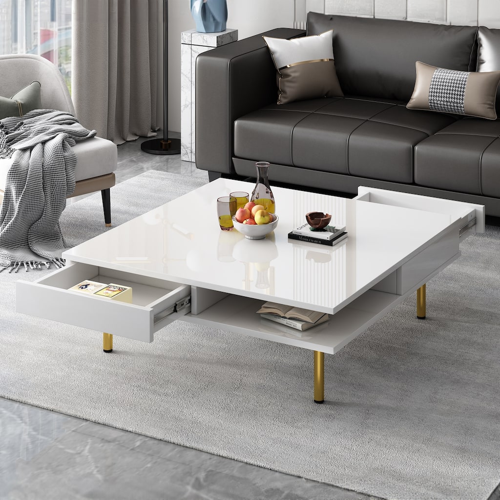 Stylish High Gloss Coffee Table 2 Tier Square Center Table with 4 Gold Legs and 2 Small Drawers, for Living Room