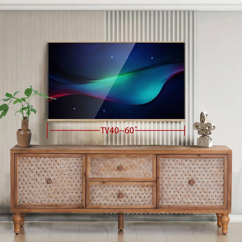 Boho Rattan TV Stand with Drawers, Wooden Media Cabinet TV Console Entertainment Center for TVs 55 60 65 Inches