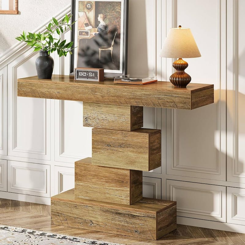 Modern 42-Inch Sofa Table with Rustic Wood Grain Finish and Geometric Base for Hallway or Living Room