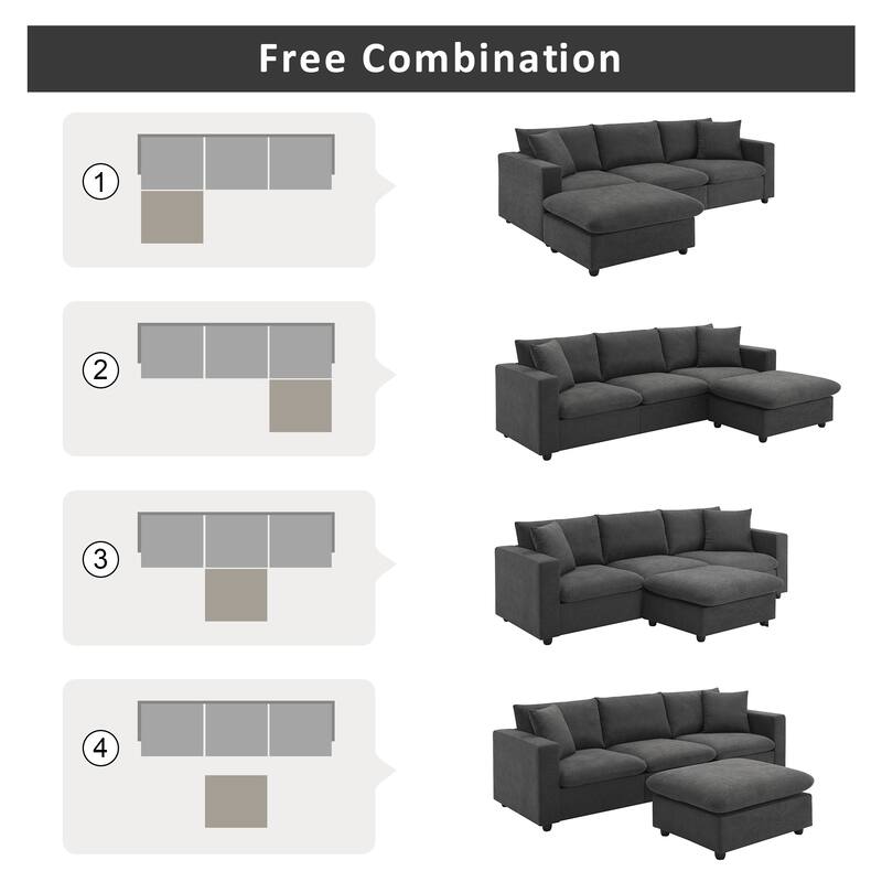 Grey 100.4'' Polyester L-Shaped 4-Seat Sectional Sofa Couch with Convertible Ottoman and 2 Pillows, Contemporary Design