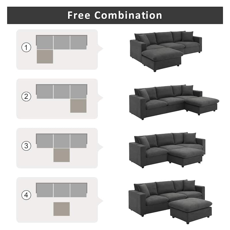 Grey 100.4'' Polyester L-Shaped 4-Seat Sectional Sofa with Convertible Ottoman and 2 Cushions, Modern Aesthetic