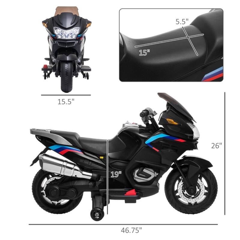 12V Kids Electric Motorcycle with Headlights and Removable Training Wheels USB Adjustable Volume - 46.75" L x 15.5" W x 26" H