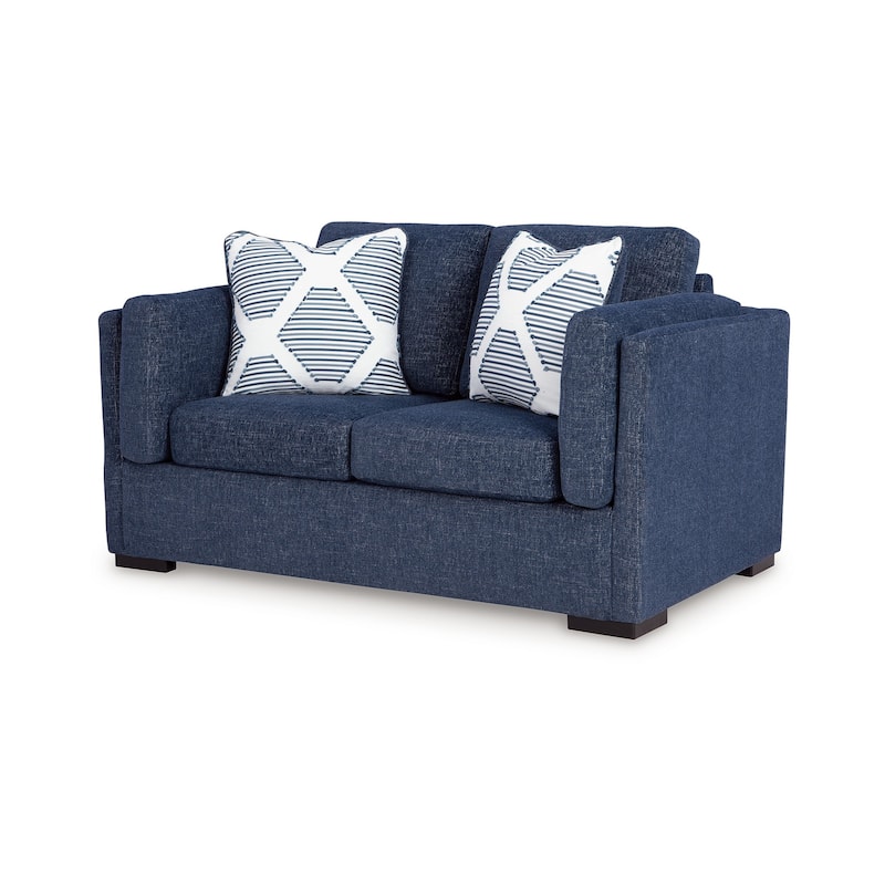 Marcy Loveseat with 2 Throw Pillows, Navy Blue Polyester 66 Inch