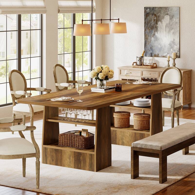 63” Dining Table for 6-8, with Storage Shelf for Living Room, Brown - N/A