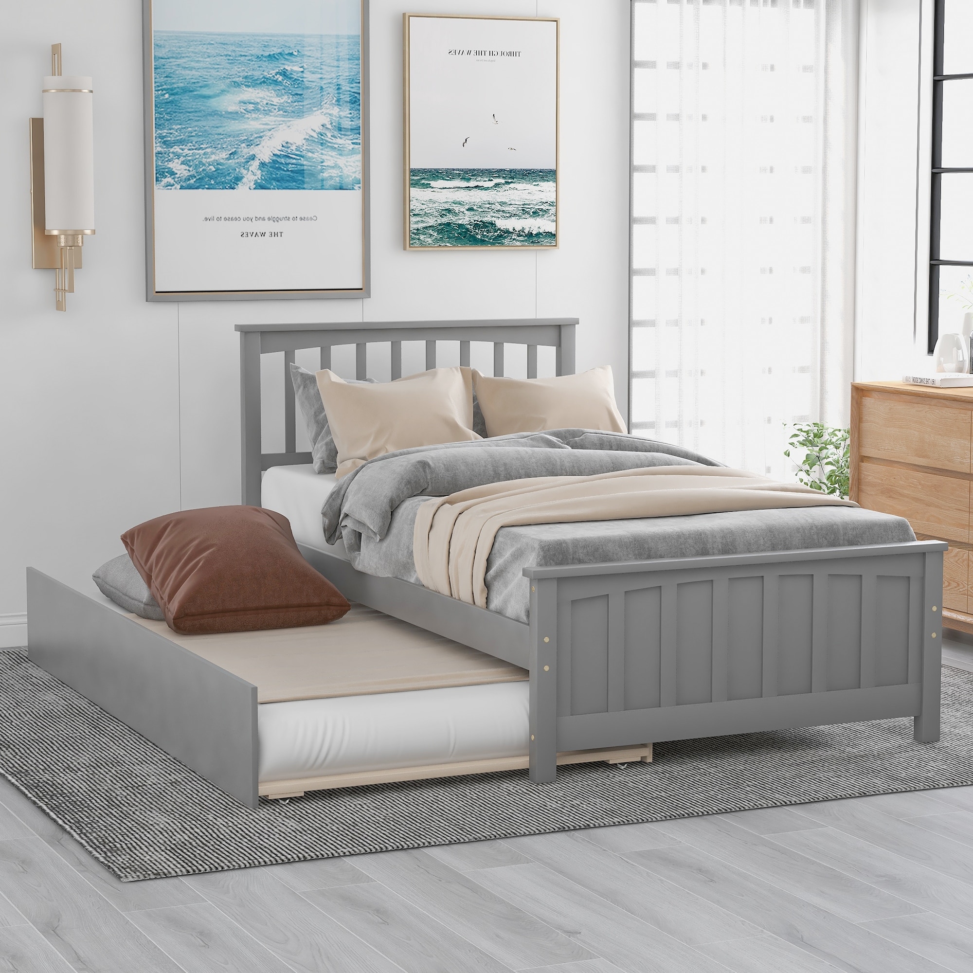 Twin Size Platform Bed withTrundle, No Box Spring Required,
