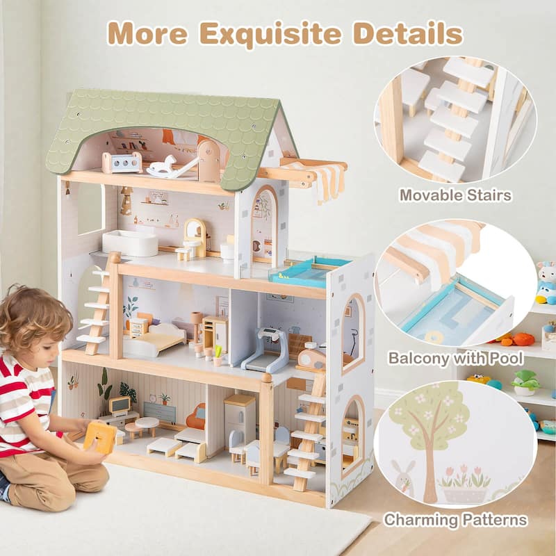 Costway Kids Wooden Dollhouse 4-Story Modern Doll House with 33Pcs - as pic shows - See Details