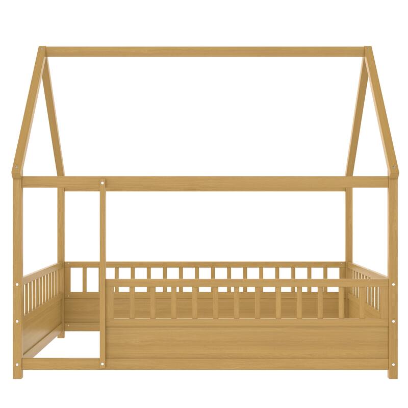 Full Size Floor Wooden Bed with House Roof Frame, Fence Guardrails(Full,Natural)