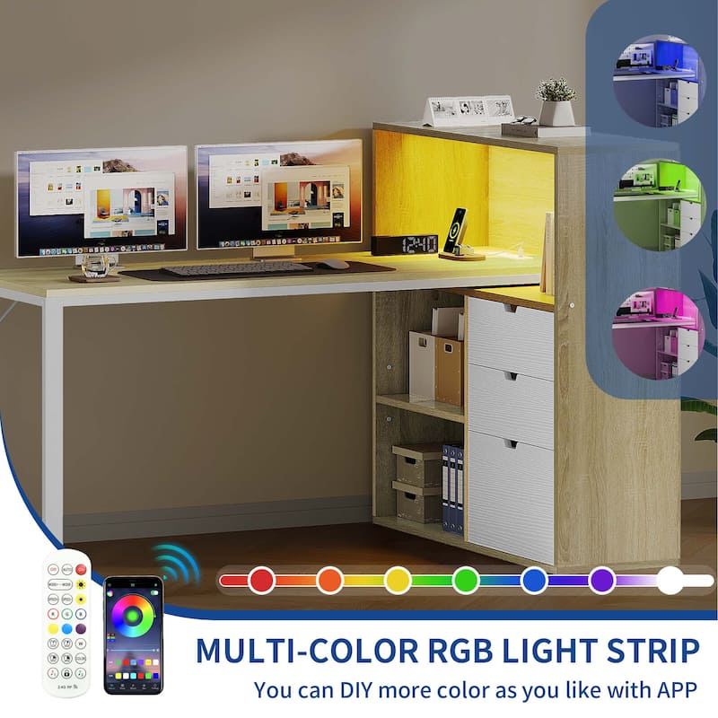 Moasis 55" LED L-Shaped Desk with Drawers and Cabinet, Corner Computer Desk with Power Outlets USB Ports