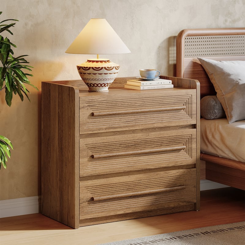 32" Wide Nightstand, Large Night Stand with 3 Drawers - Walnut