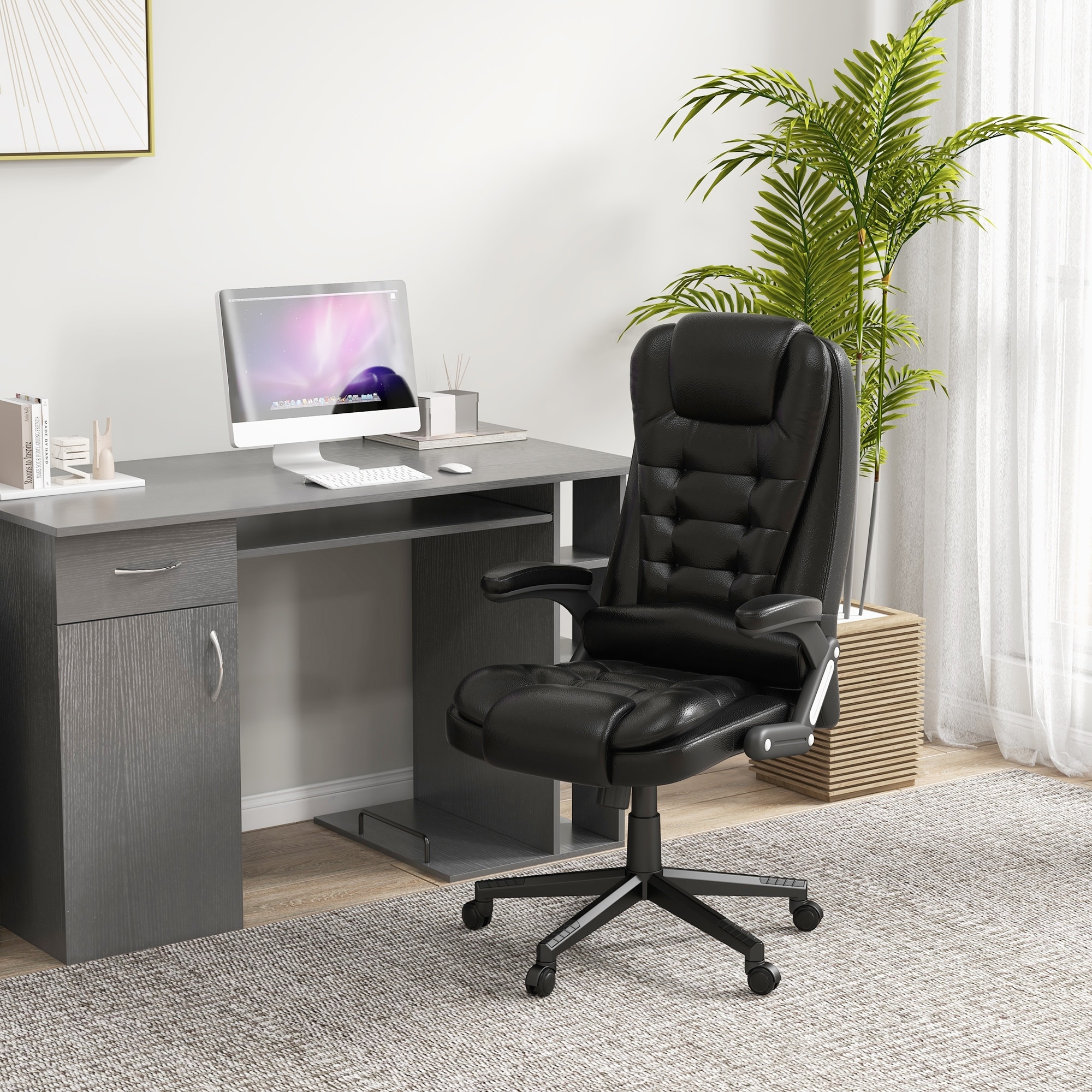 4-Point Massage Ergonomic Office Chair w/ Heating, Footrest & Reclining Backrest Black