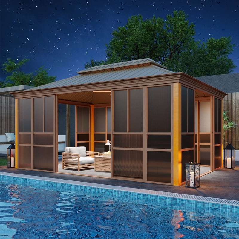 Outdoor Hardtop Sunroom Gazebo with Double Roof & Sliding Doors, All-Season Aluminum Outdoor Pergola, PE Screens&Lockable Design