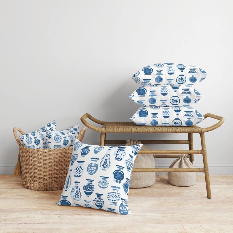 Mystical Pottery Faux Suede Reversible Throw Pillow White and Blue