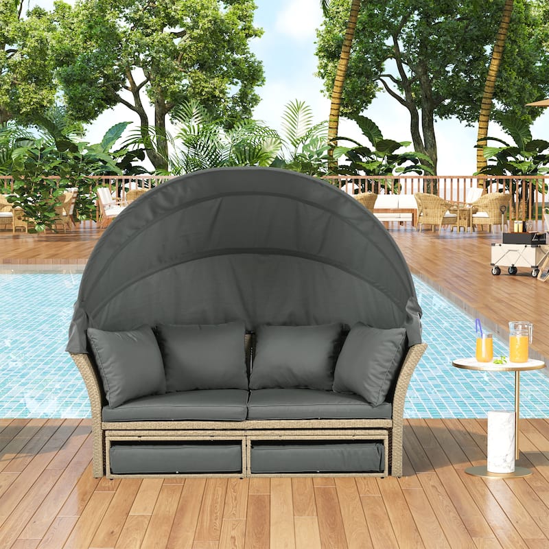 3 PCS Outdoor Patio Daybed, Daybed Round Sofa Furniture Set, with Retractable Canopy, 4 Pillows