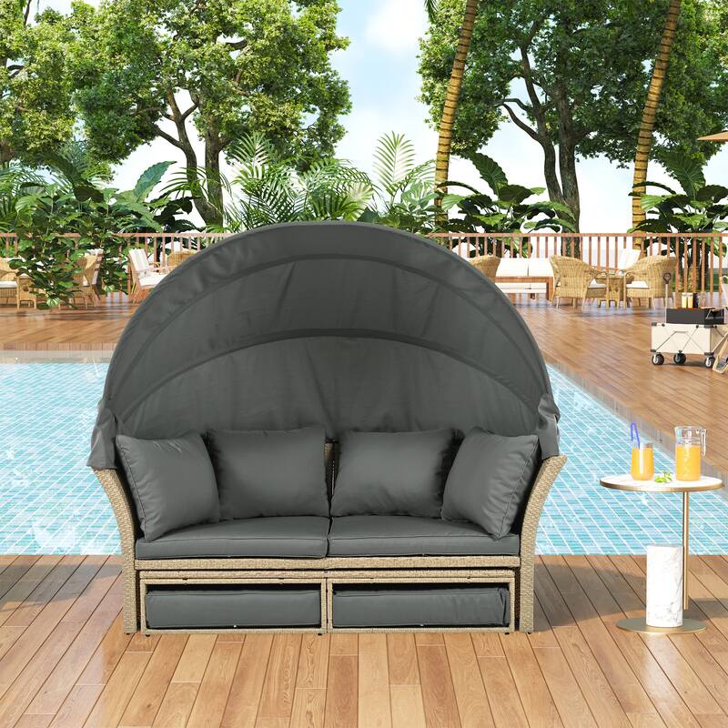 Outdoor Patio Daybed, Outdoor Furniture Set with Retractable Canopy, Patio Wicker Rattan Round Sofa with 4 Pillows