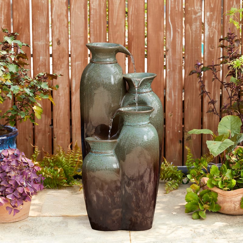 Glitzhome 27"H/35"H 3-Tier or 4-Tier Embossed Pattern LED Ceramic Pots Fountain - Brown - 30.75"H
