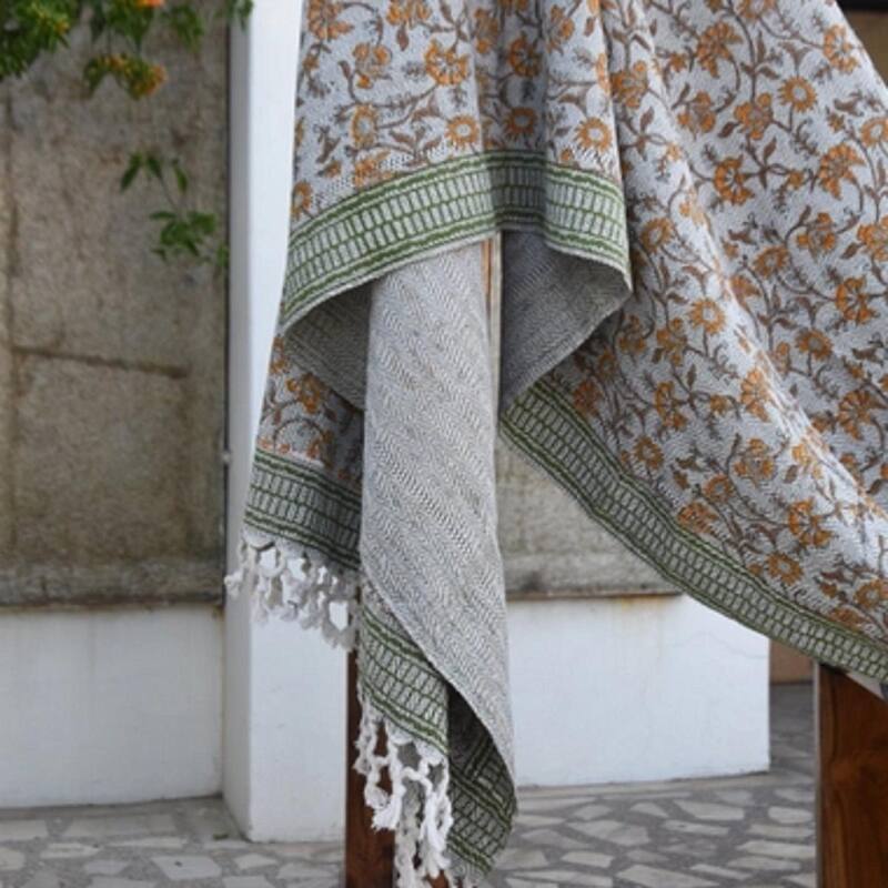 Fabdivine Naayab Handwoven Cotton Throw Blanket - Floral Block Print Couch & Bed Accent with Hand-Tied Fringe, 90"x54"