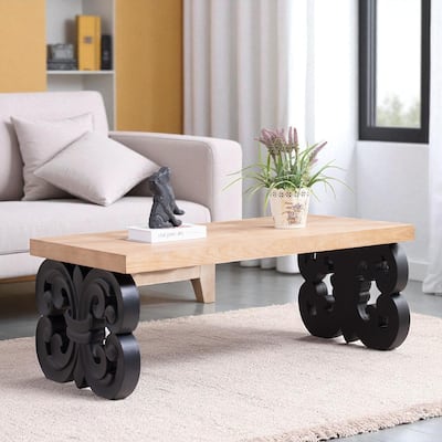 47" Rectangular Farmhouse Coffee Table with Carved Scroll Base and Natural Wood Top, Rustic Accent Center Table