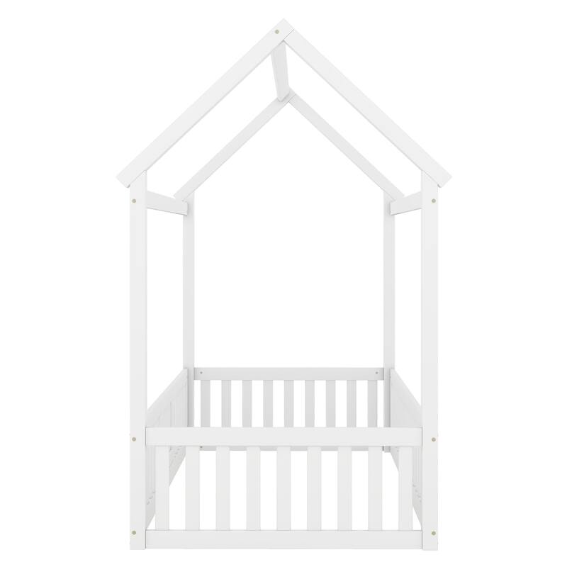 Twin Size House-Shaped Floor Bed Frame, Distressed Washed Wood Bed Frame with Fence and Door, Semi-Enclosed Design