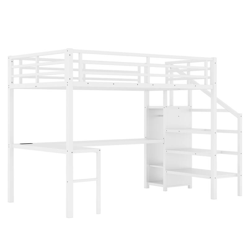 Roomfitters Full/Twin Size Metal Loft Bed with L-Shaped Desk, USB Ports, LED Lighting & Adjustable Shelves, White