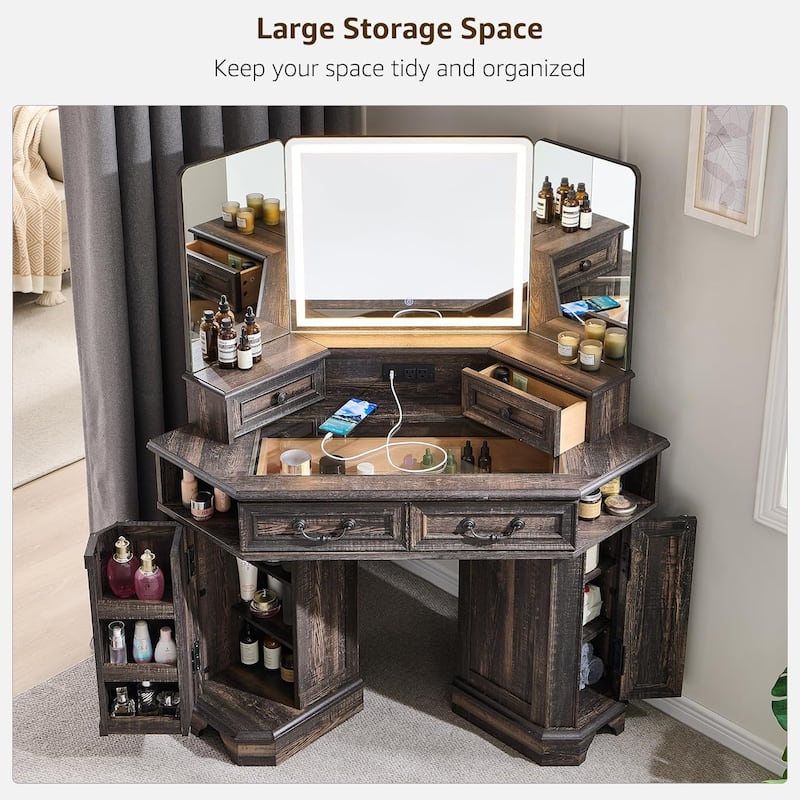 Makeup Vanity Desk with 3 Way Mirror, Glass Top & Charging Station