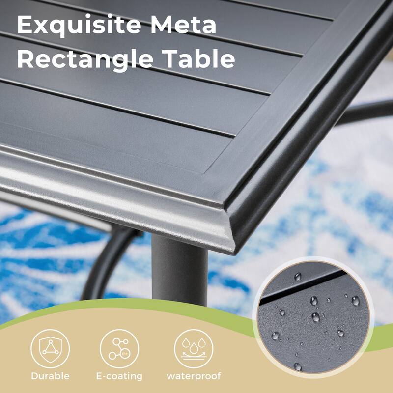 MAISON ARTS Metal Patio Dining Table Black Rectangular Outdoor Table with Steel Slat Top