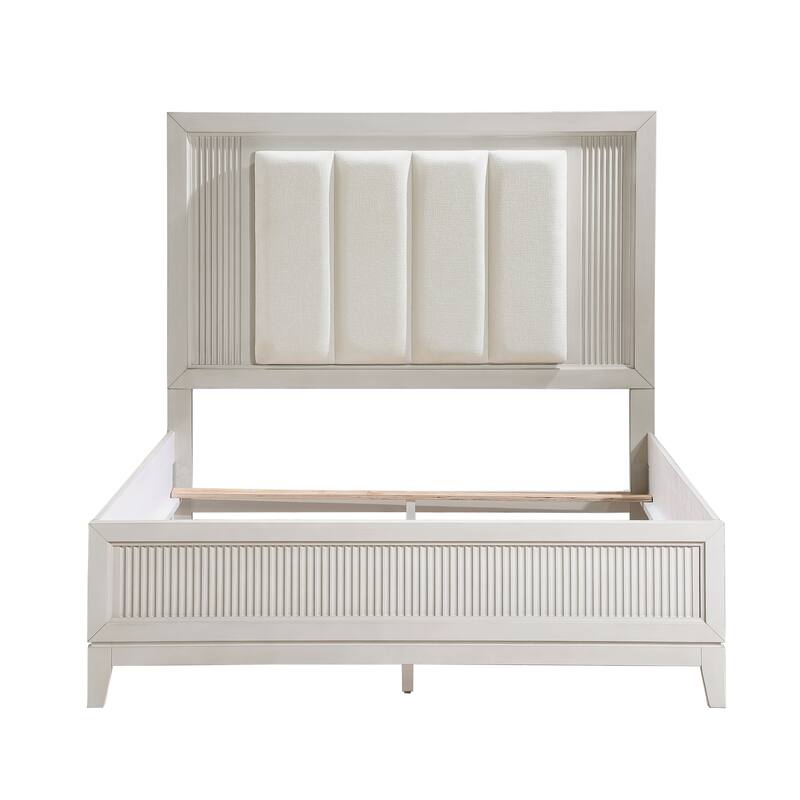 Queen Bed with LED Headboard and Upholstered Cushion, Reeded Fronts, Modern Bedroom Furniture - Antique White Finish