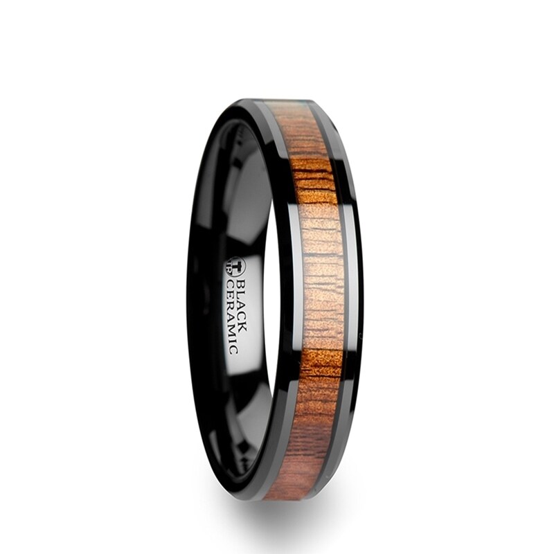 Shop Thorsten Hawaiian Koa Wood Inlaid Black Ceramic Wedding Ring