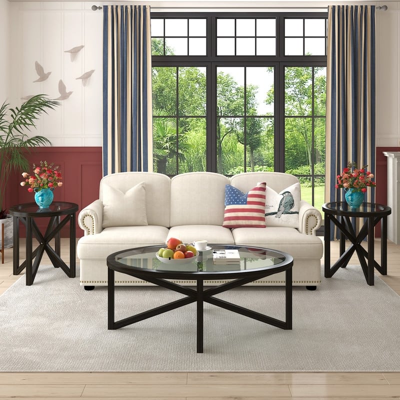 Modern Glass Coffee Table X-Cross Solid Wood Base End Table