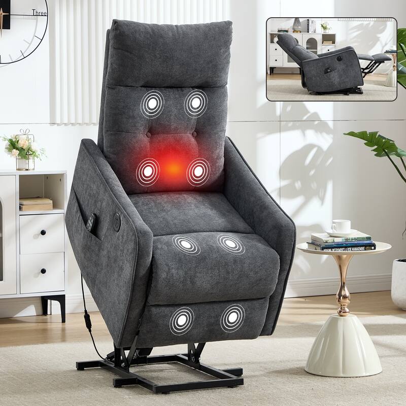Chenille Single Motor Power Lift Recliner Chair with Massage and Heat for Elderly, Heavy Duty Motion Mechanism and One USB