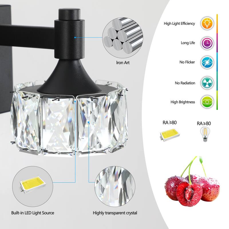 Modern 4-Light Matte Black LED Vanity Light Fixture with Crystal Glass Shades, Bathroom Wall Sconce