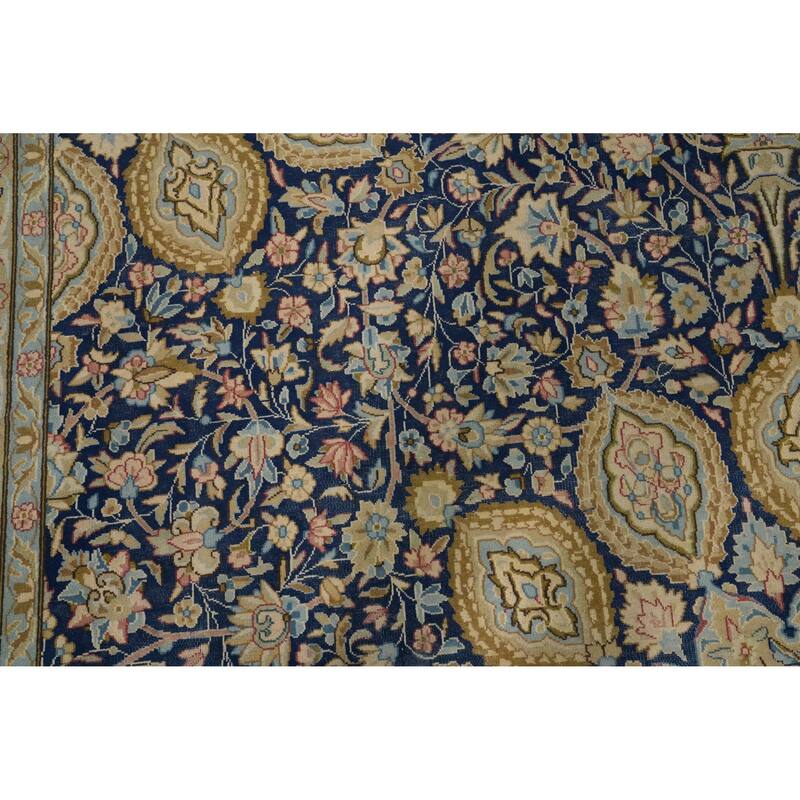 Hand Knotted Oriental 100% Wool Carpet Traditional Floral Navy Blue & Blues Kerman Area Rug - 13' 4'' X 10' 0''
