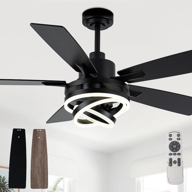 Cusp Barn 52"/72" Modern Large Dimmable LED Ceiling Fan with Lights and Remote, Reversible 8-Blade DC Motor DIY Shape Chandelier - 52-Inch - Black