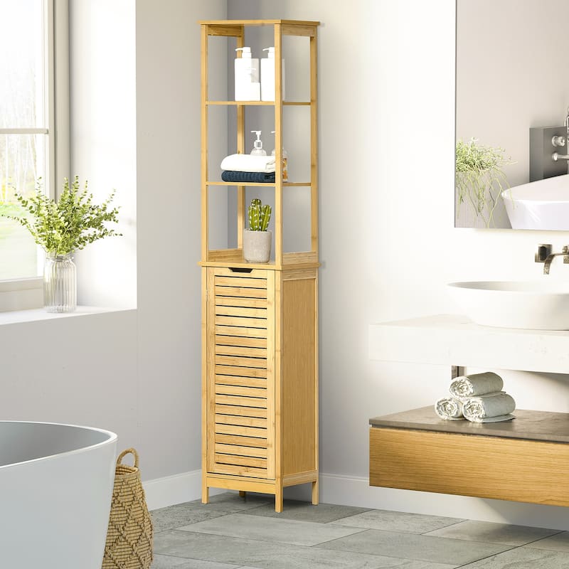 kleankin Bathroom Floor Cabinet with 3 Shelves and Cupboard, Slim and Freestanding Linen Tower with Storage, Natural - Natural