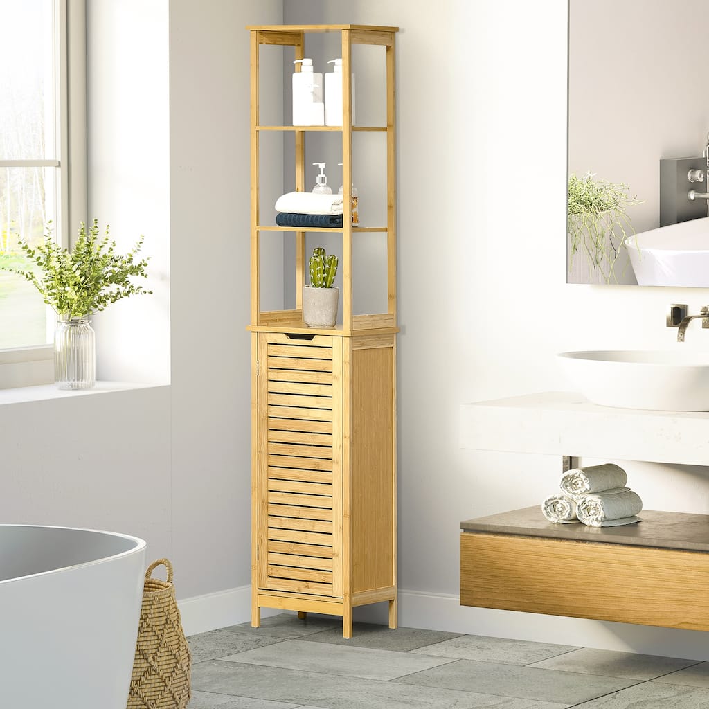 kleankin Bathroom Floor Cabinet with 3 Shelves and Cupboard, Slim and Freestanding Linen Tower with Storage, Natural