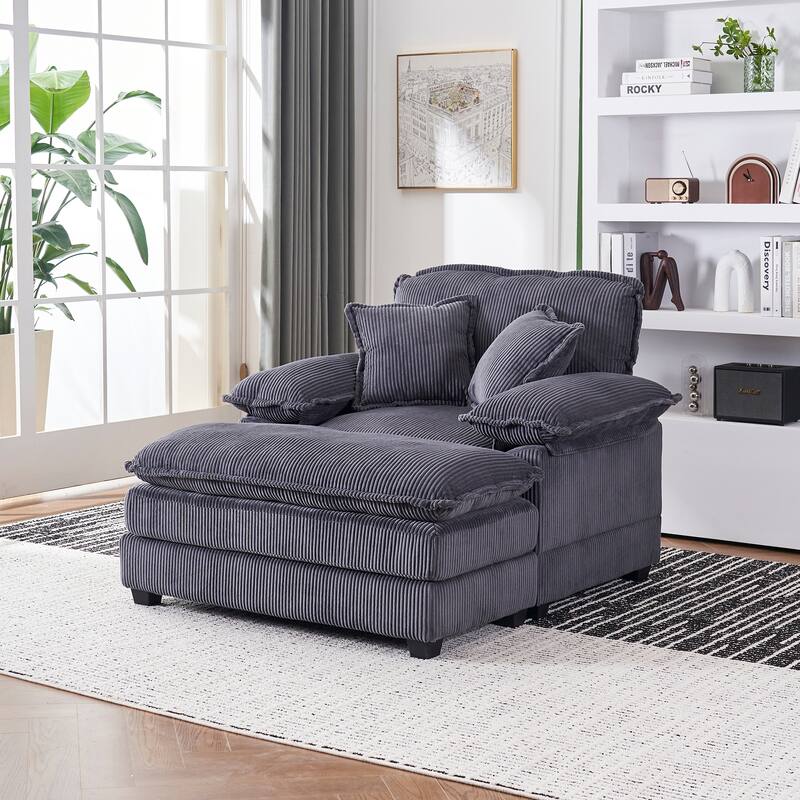 56.3 Inch Corduroy Single Deep Seat Sofa Chair With 2 Toss Pillows and a Ottoman - Grey
