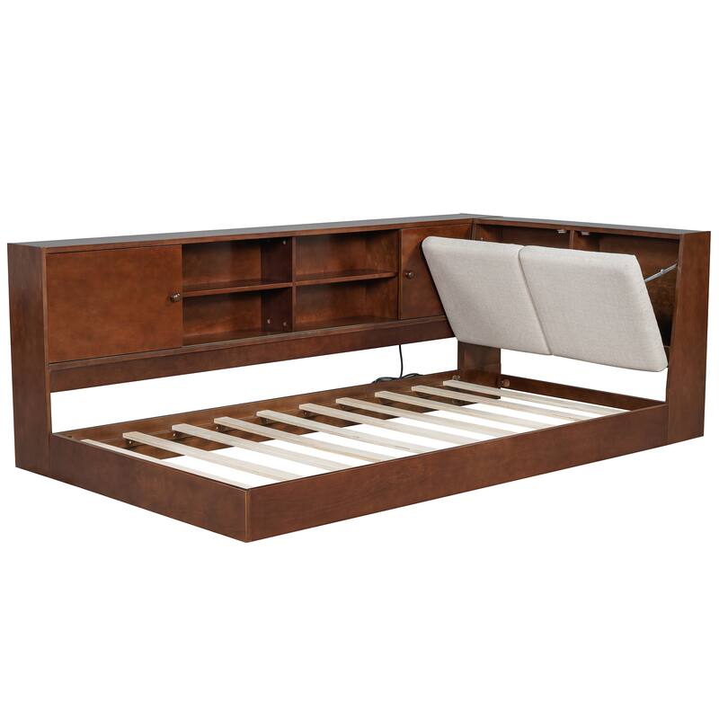 L-shaped Daybed Wooden Corner Sofa Bed Frame with Sliding Doors Bookcase Captains Bed, Upholstered Headboard Built-in Storage