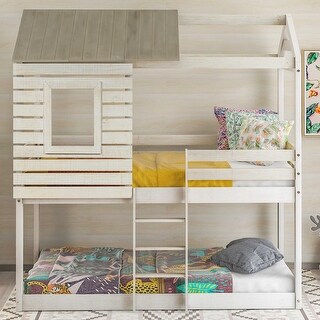 Antique White Reliable Twin Over Twin Loft Bed with Safety Features