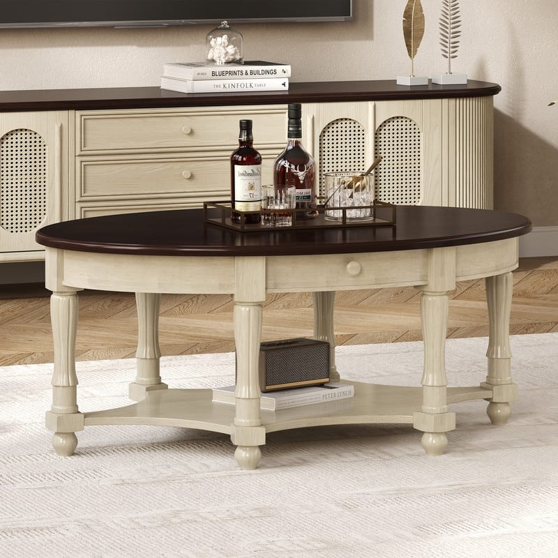 Vintage 45" Oval Coffee Table with Drawer and Storage Shelf, Elegant French Country Living Room Accent Table