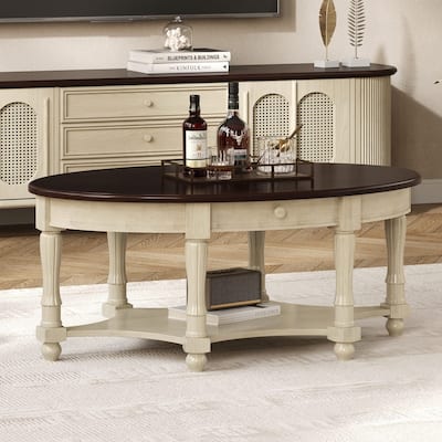 Vintage 45" Oval Coffee Table with Drawer and Storage Shelf, Elegant French Country Living Room Accent Table