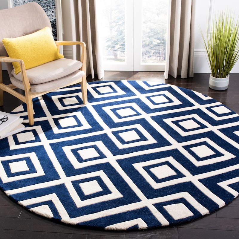 SAFAVIEH Handmade Chatham Evda Modern Moroccan Wool Rug - 7' Round - Dark Blue/Ivory