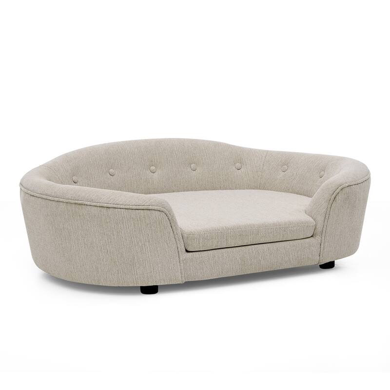 Oval Semi-Enclosed Dog Sofa, Durable Linen Material, Button-Tufted Backrest, High-Center Low-Sides Support Plush Comfort-Beige