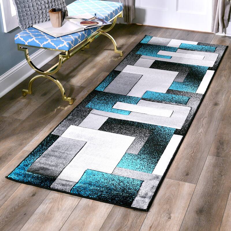 Orelsi Collection Abstract Area Rug - 2'8'' X 11'10'' - Black/Turquoise