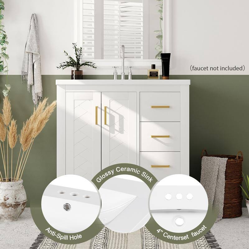 30-Inch Freestanding Bathroom Vanity Set - Features Ceramic Sink Combo, Solid Wood Frame & 3 Soft-Close Drawers