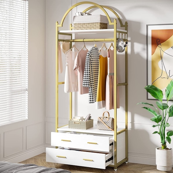 Gold garment deals rack with shelves