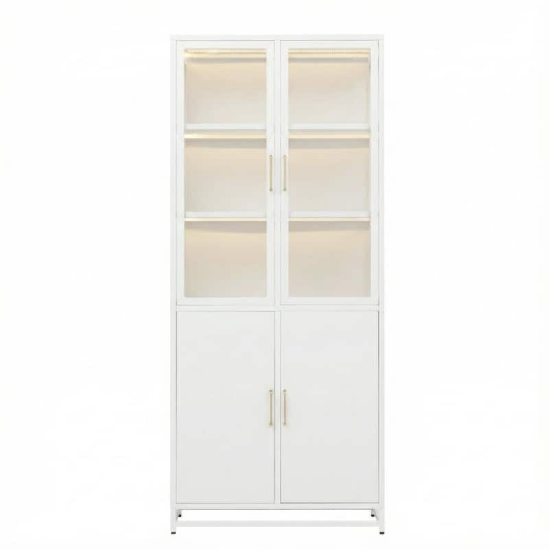 76.75"Tall Display Cabinet,with Glass Doors and LED Lights,Steel Curio Cabinet with 3-Sided Glass,Pantry Cabinet with Storage - White