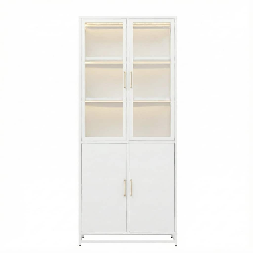 76.75"Tall Display Cabinet,with Glass Doors and LED Lights,Steel Curio Cabinet with 3-Sided Glass,Pantry Cabinet with Storage
