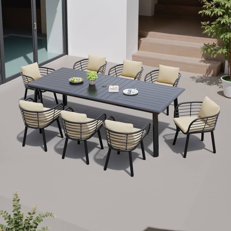 7/9-Piece Set Outdoor Aluminum Dining Table and Dining Chairs with Sunbrella Fabric Cushion - Canvas Antique Beige - Set of 9